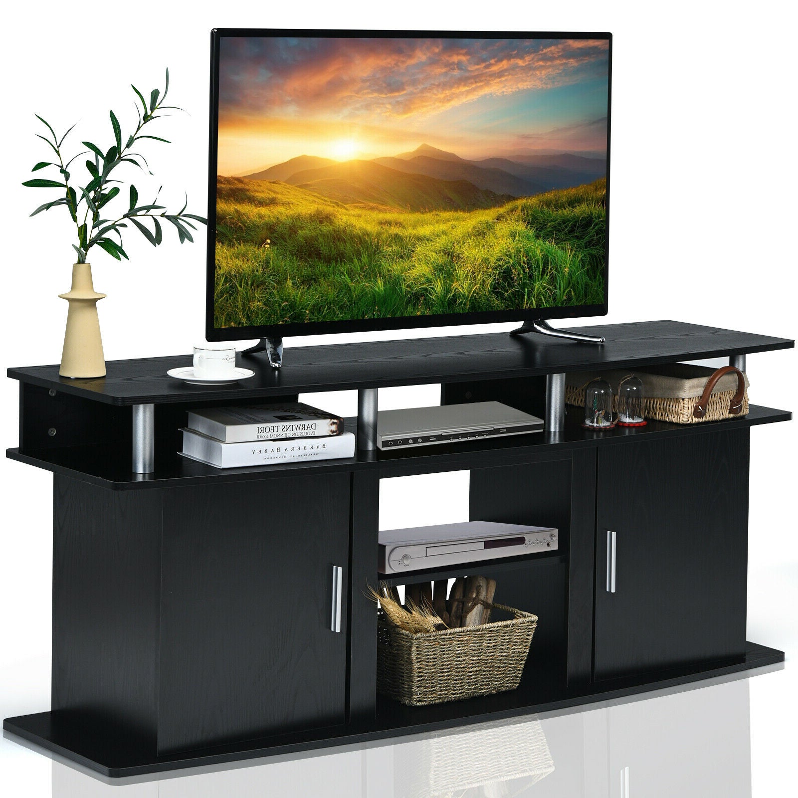 63 Inch TV Entertainment Console Center with 2 Cabinets-Black - Black