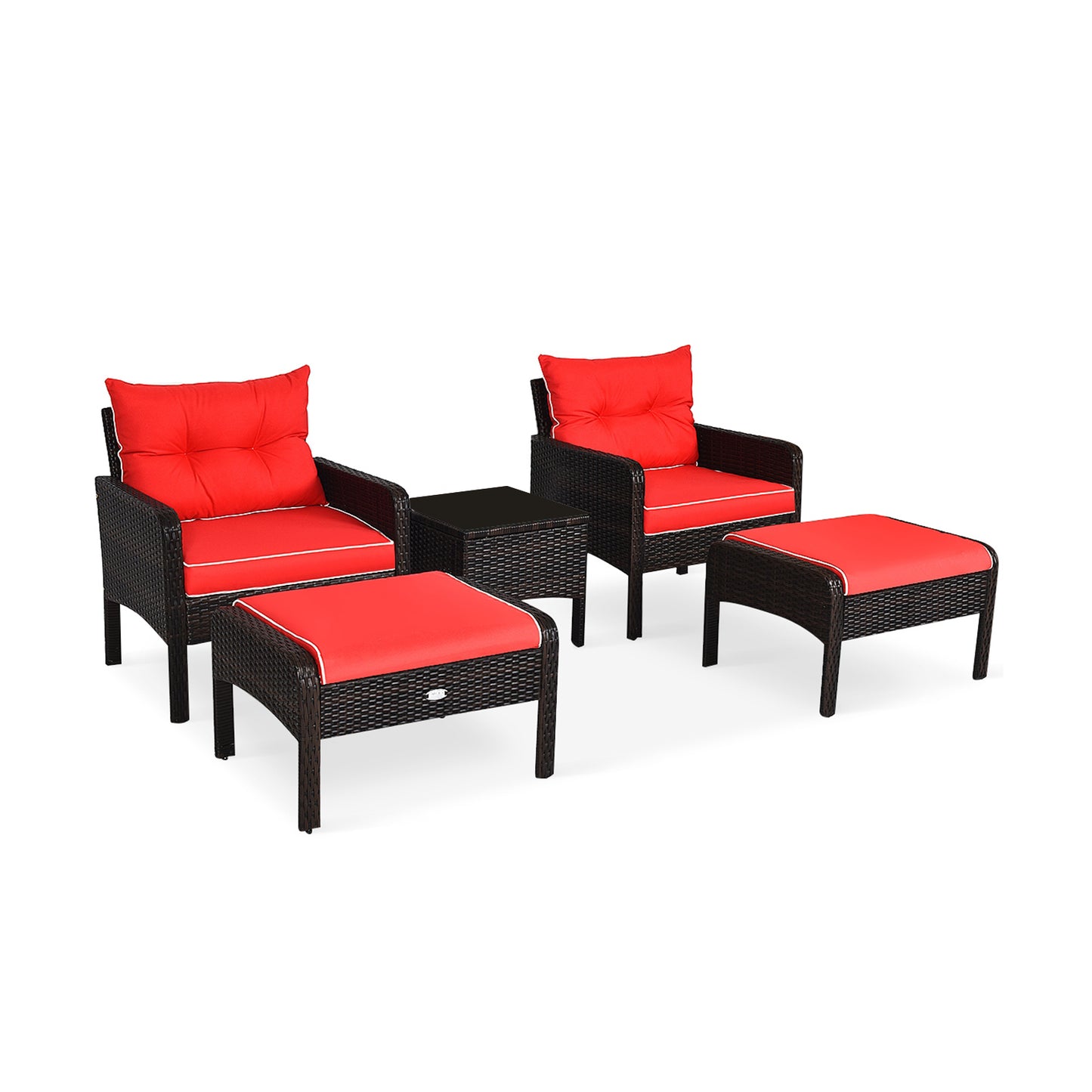 5 Pieces Patio Rattan Sofa Ottoman Furniture Set with Cushions-Navy - Red