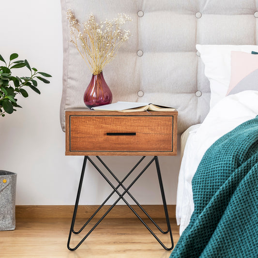 Nightstand Coffee Table Storage Display with Steel Legs and 1 Drawer