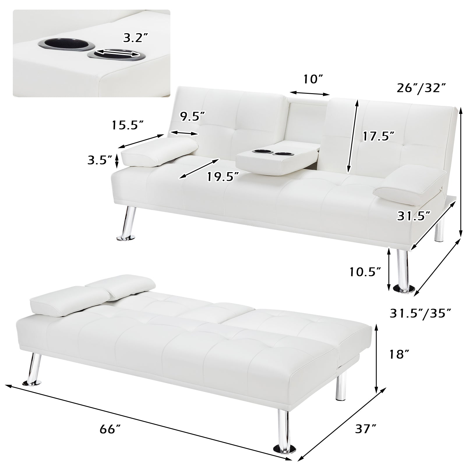 Convertible Folding Leather Futon Sofa with Cup Holders and Armrests-White