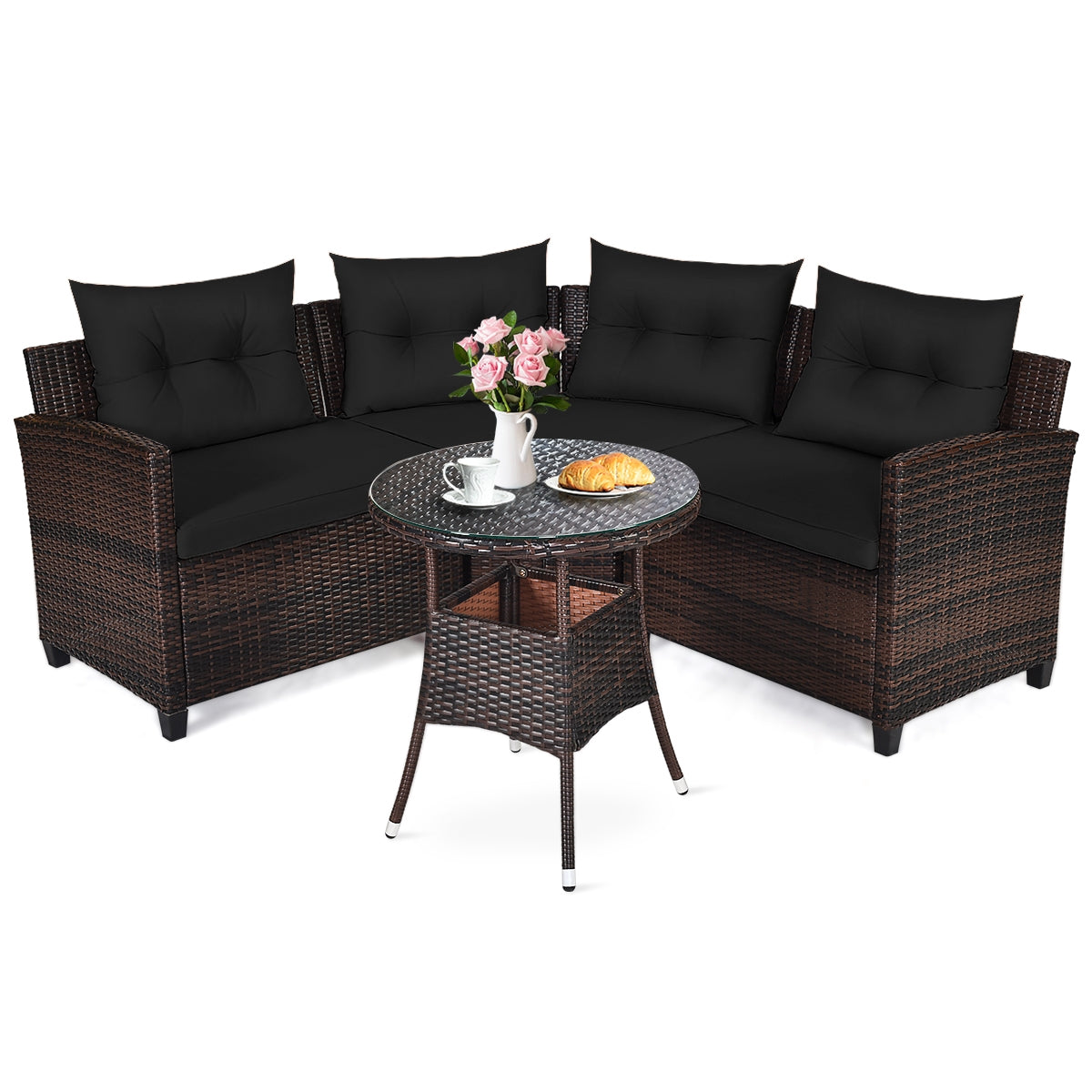 4 Pieces Outdoor Cushioned Rattan Furniture Set-Navy - Black