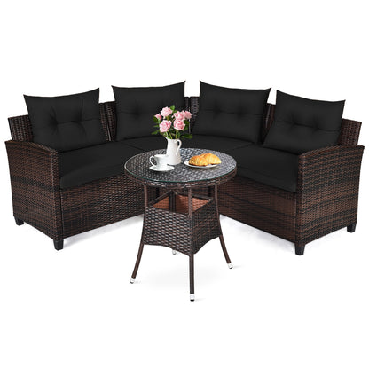 4 Pieces Outdoor Cushioned Rattan Furniture Set-Navy - Black