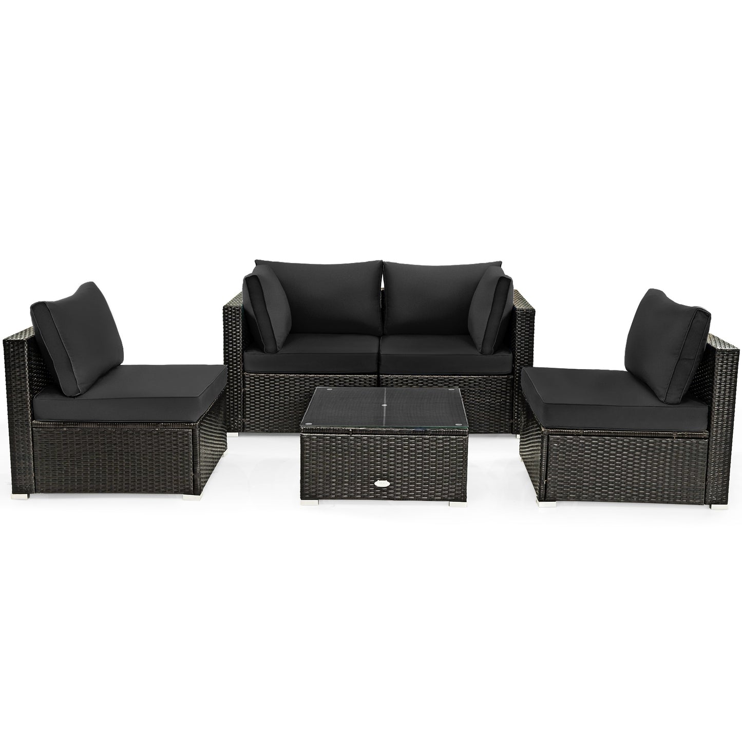 5 Pieces Cushioned Patio Rattan Furniture Set with Glass Table-Black - Black