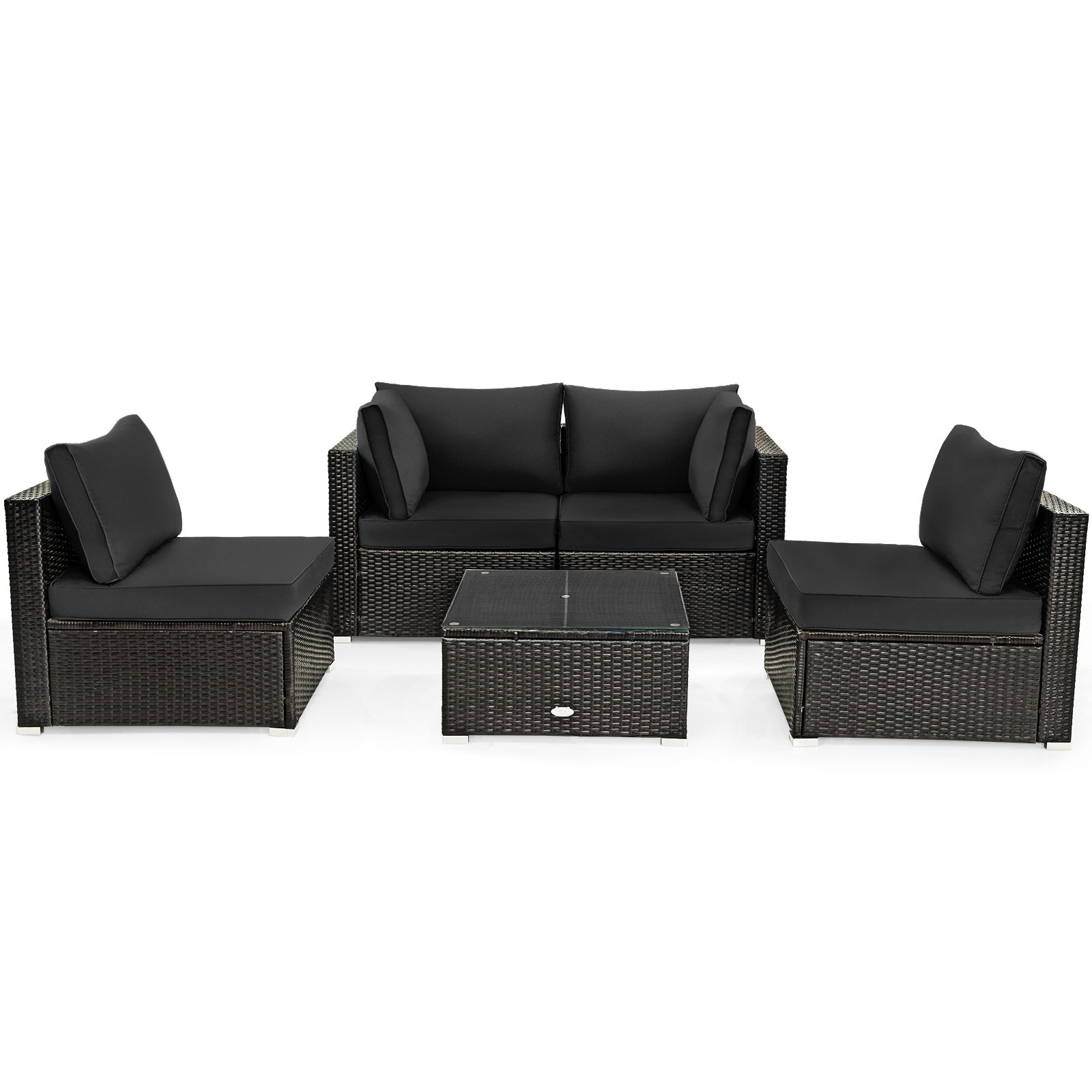 5 Pieces Cushioned Patio Rattan Furniture Set with Glass Table-Black - Black