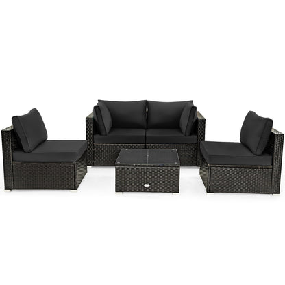 5 Pieces Cushioned Patio Rattan Furniture Set with Glass Table-Black - Black