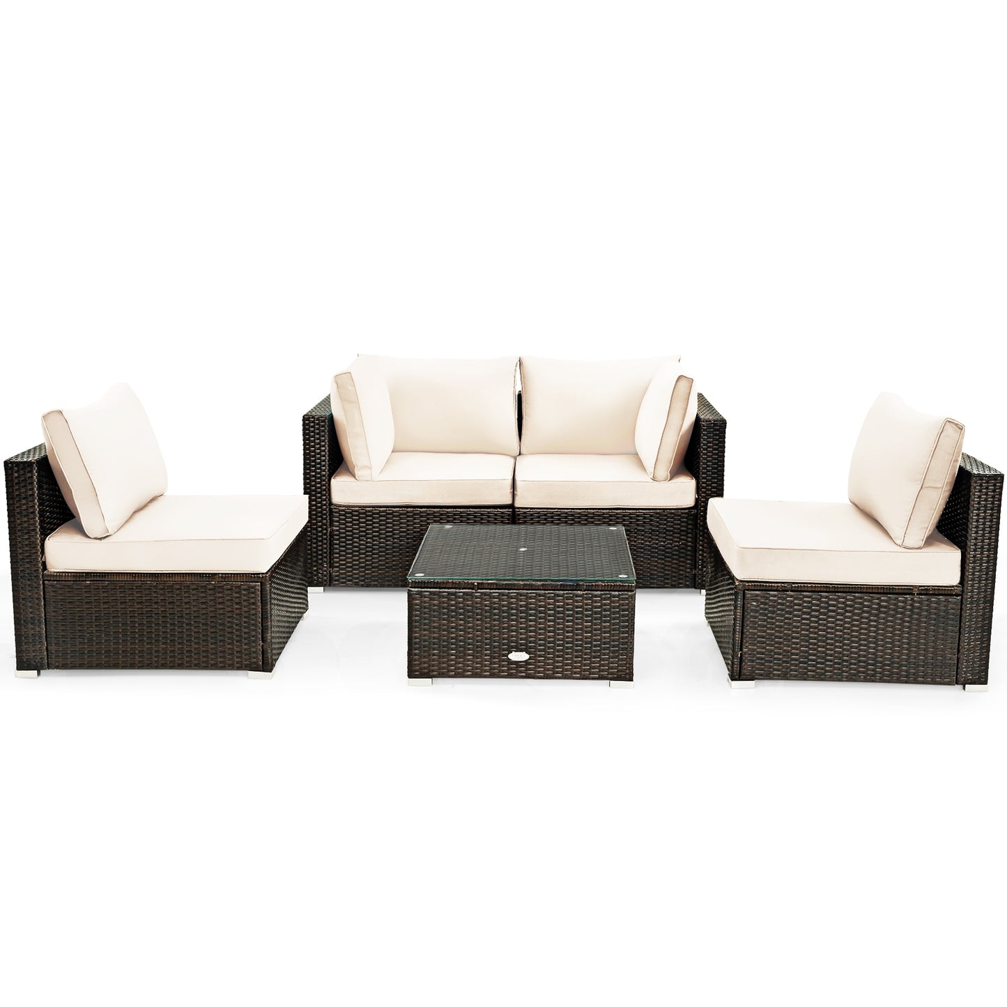 5 Pieces Cushioned Patio Rattan Furniture Set with Glass Table-Black - White