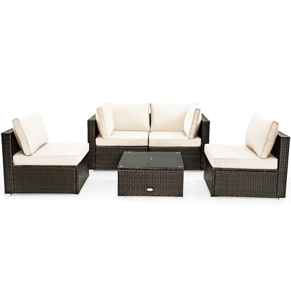 5 Pieces Cushioned Patio Rattan Furniture Set with Glass Table-Black - White