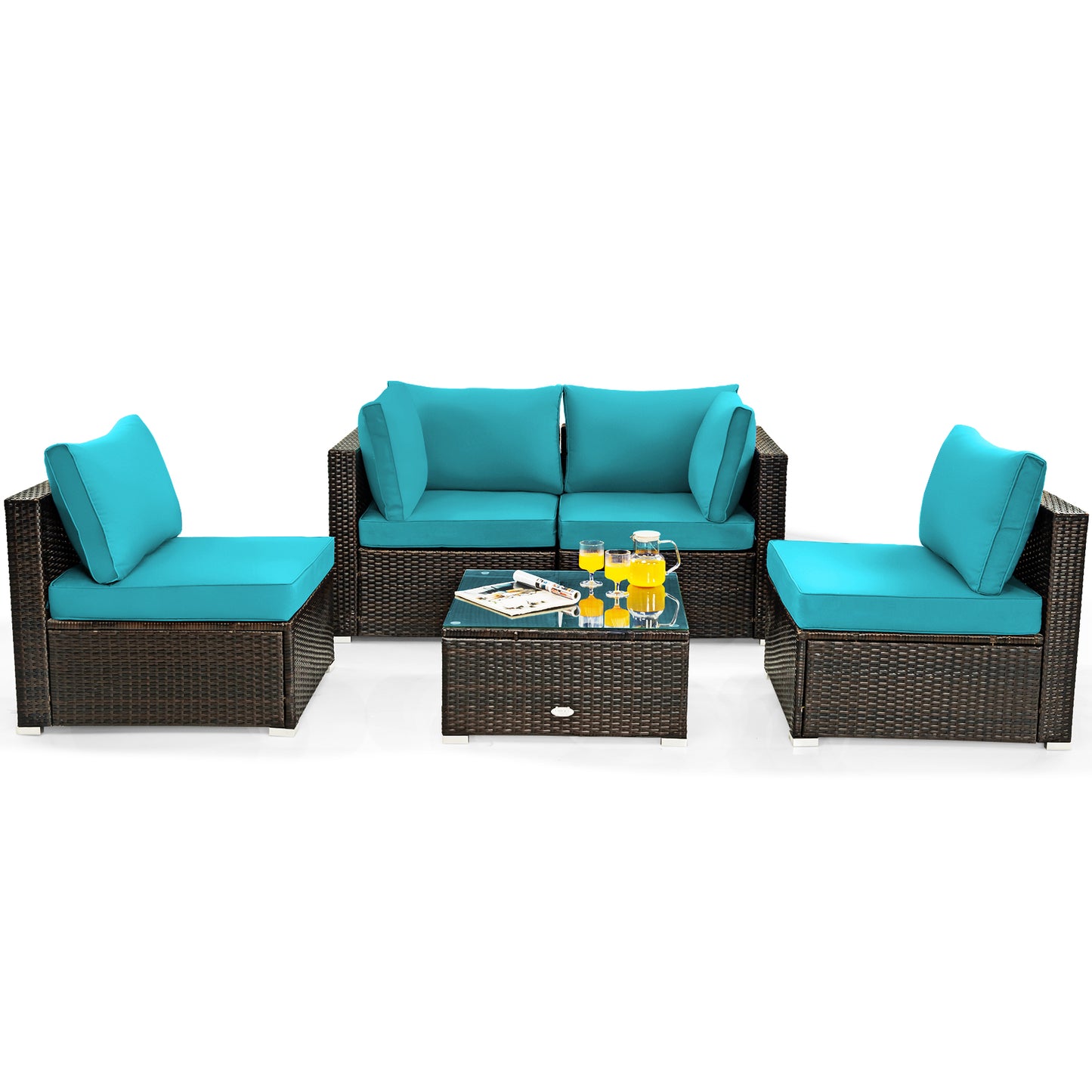 5 Pieces Cushioned Patio Rattan Furniture Set with Glass Table-Black - Turquoise
