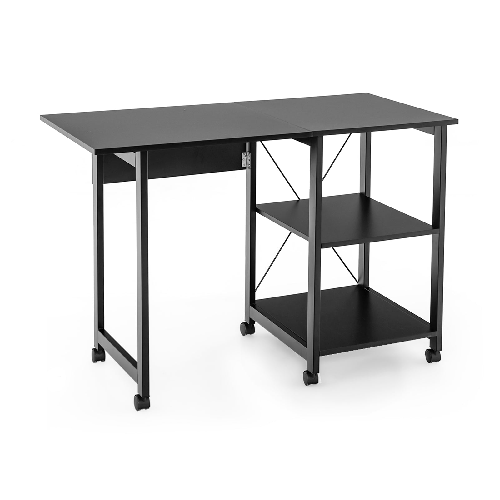 Rolling Folding Computer Desk with Storage Shelves - Black