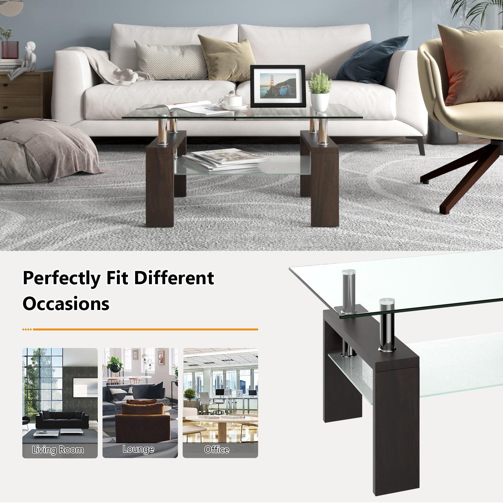 Rectangular Tempered Glass Coffee Table with Shelf-Brown