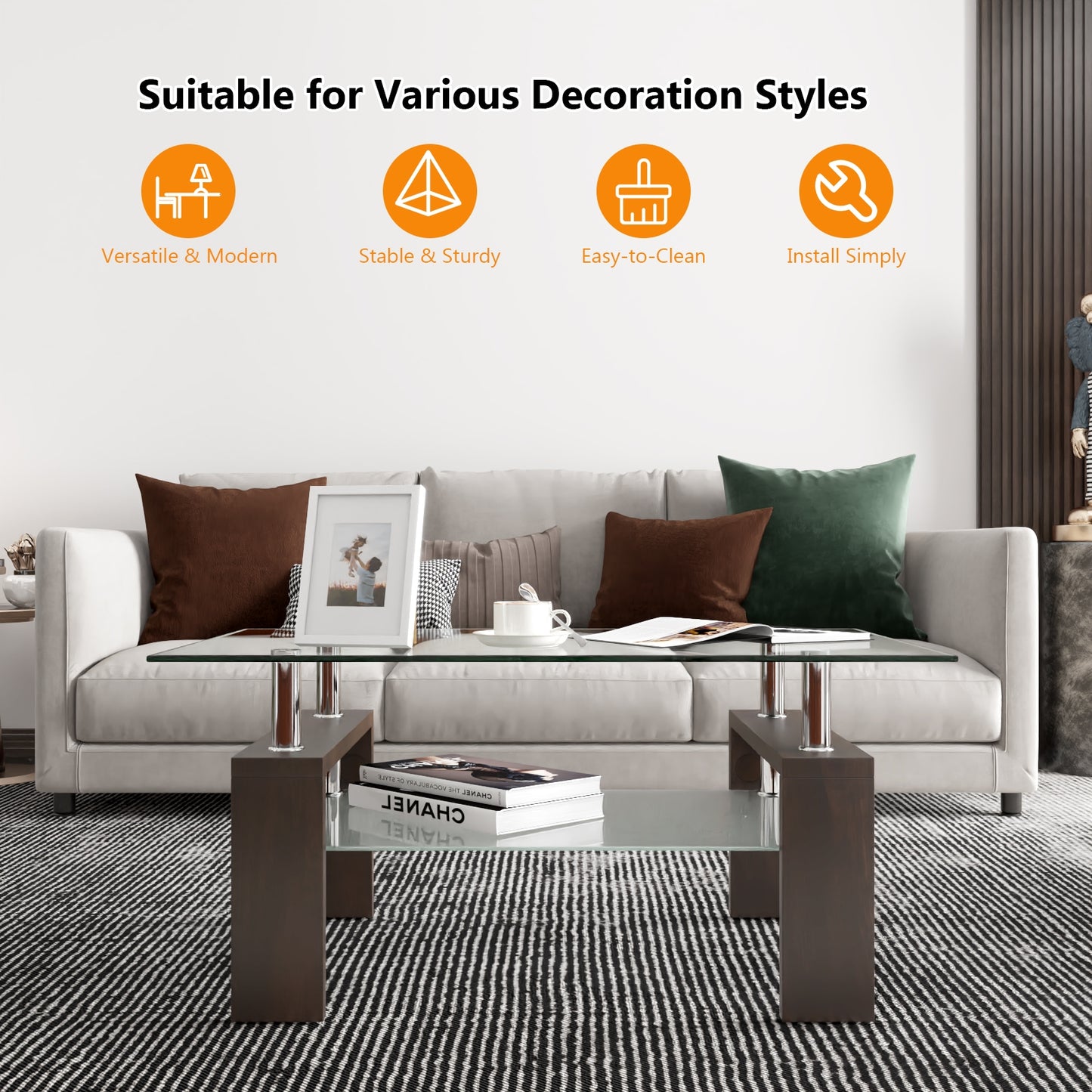 Rectangular Tempered Glass Coffee Table with Shelf-Brown