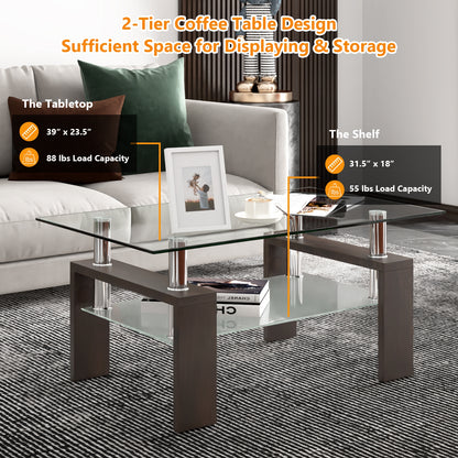 Rectangular Tempered Glass Coffee Table with Shelf-Brown