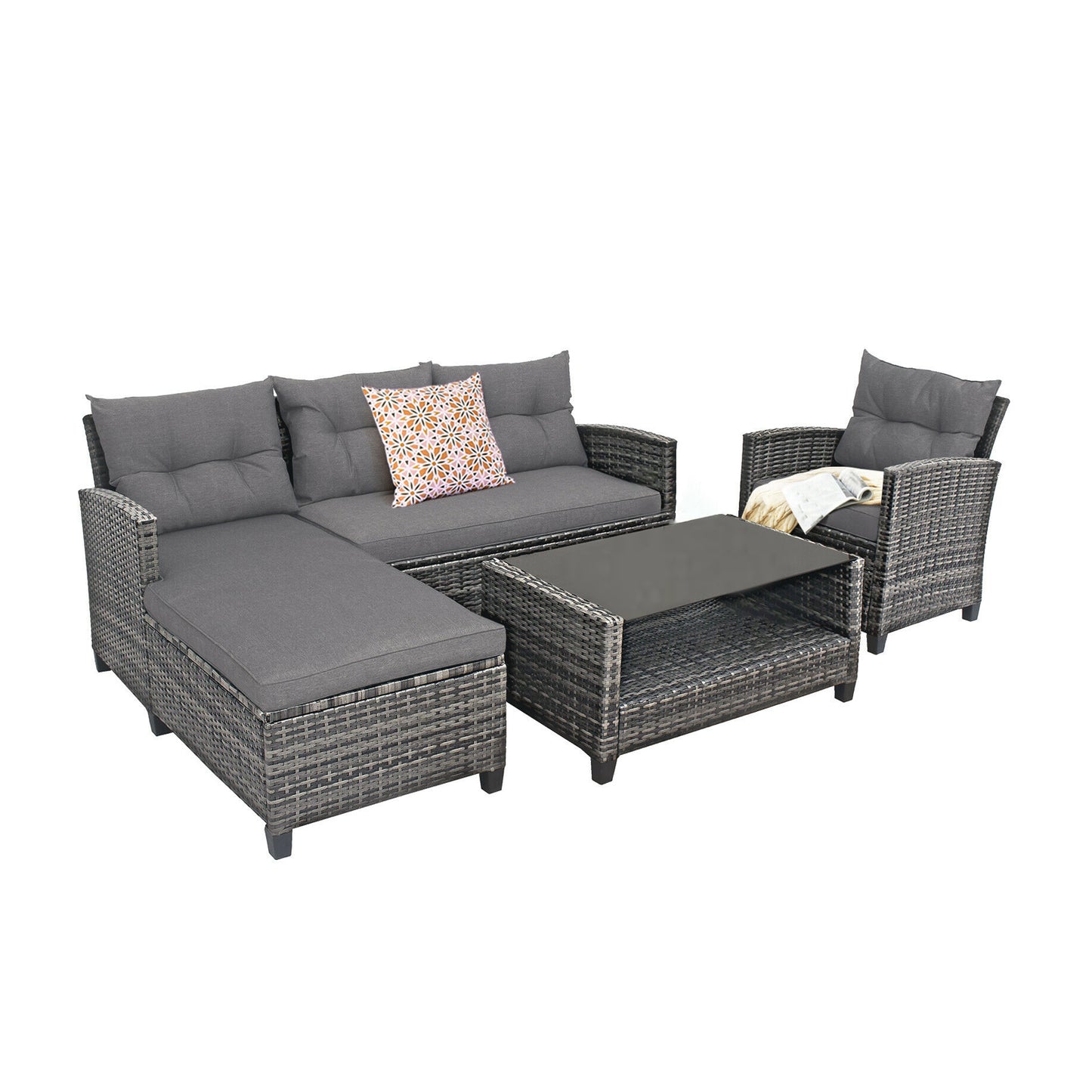 4 Pieces Patio Rattan Furniture Set with Cushion and Table Shelf-Gray - Gray