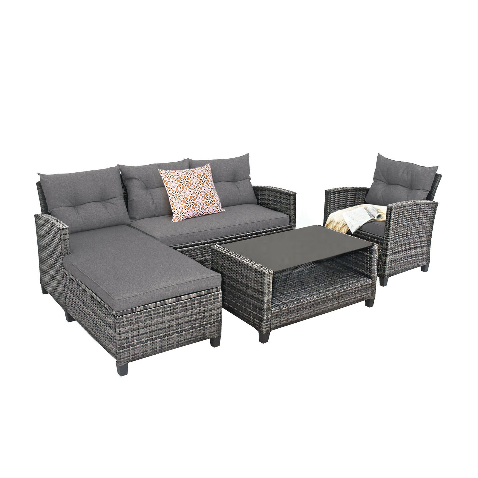 4 Pieces Patio Rattan Furniture Set with Cushion and Table Shelf-Gray - Gray