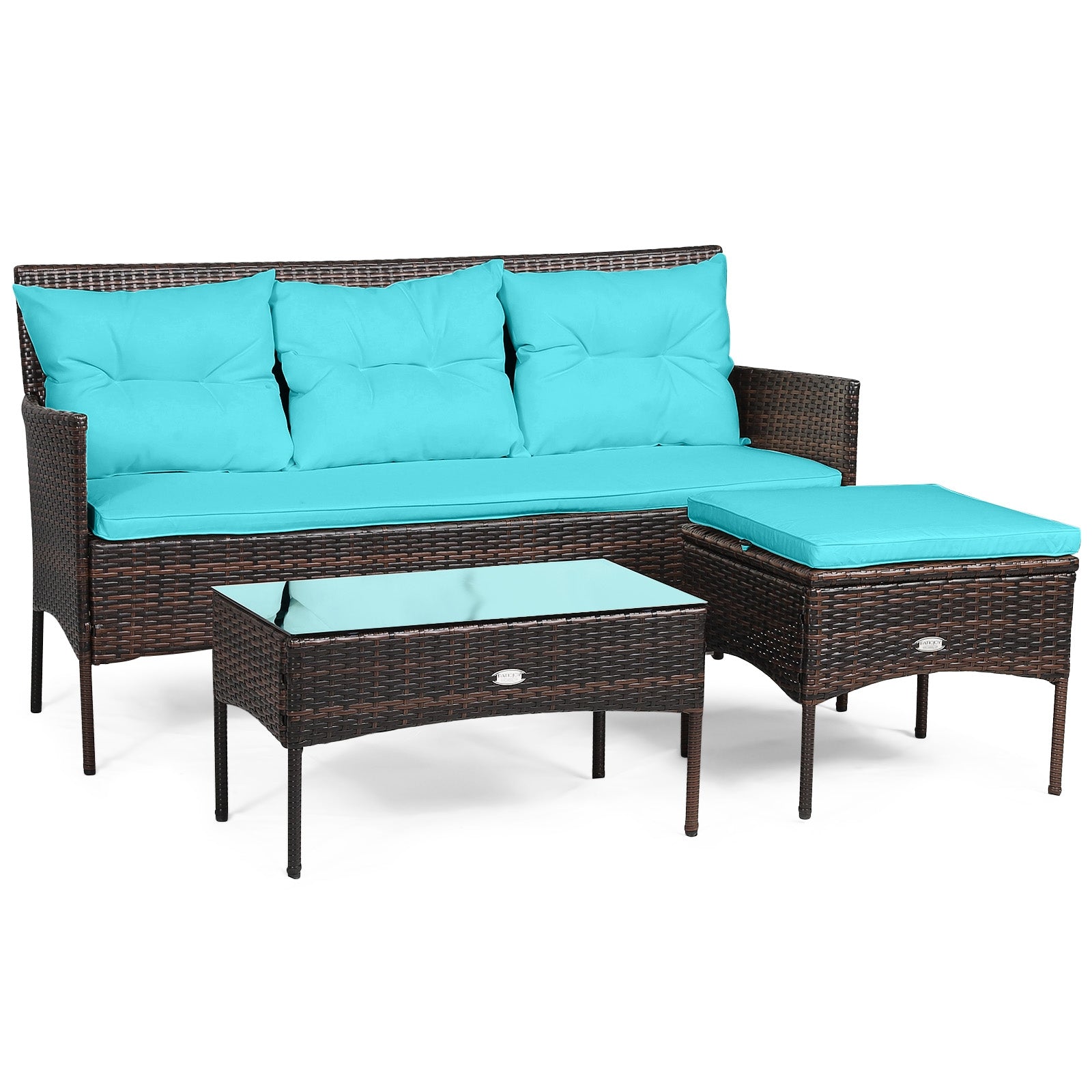 3 Pieces Patio Furniture Sectional Set with 5 Cozy Cushions-Black - Turquoise