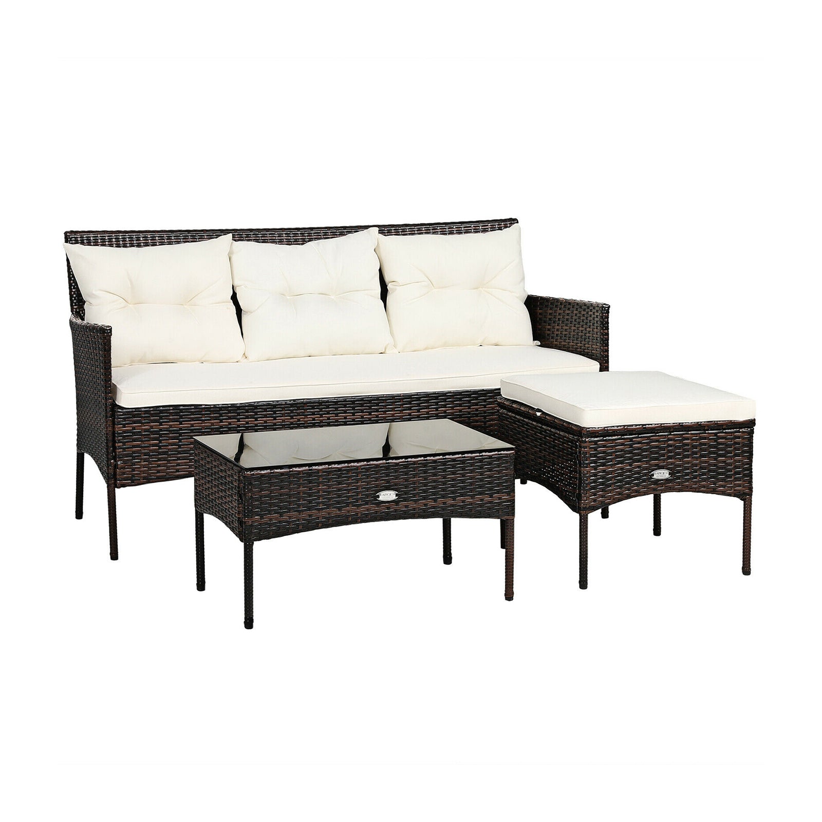 3 Pieces Patio Furniture Sectional Set with 5 Cozy Cushions-Black - White