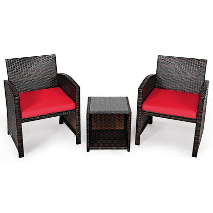 3 Pieces PE Rattan Wicker Furniture Set with Cushion Sofa Coffee Table for Garden-White - Red