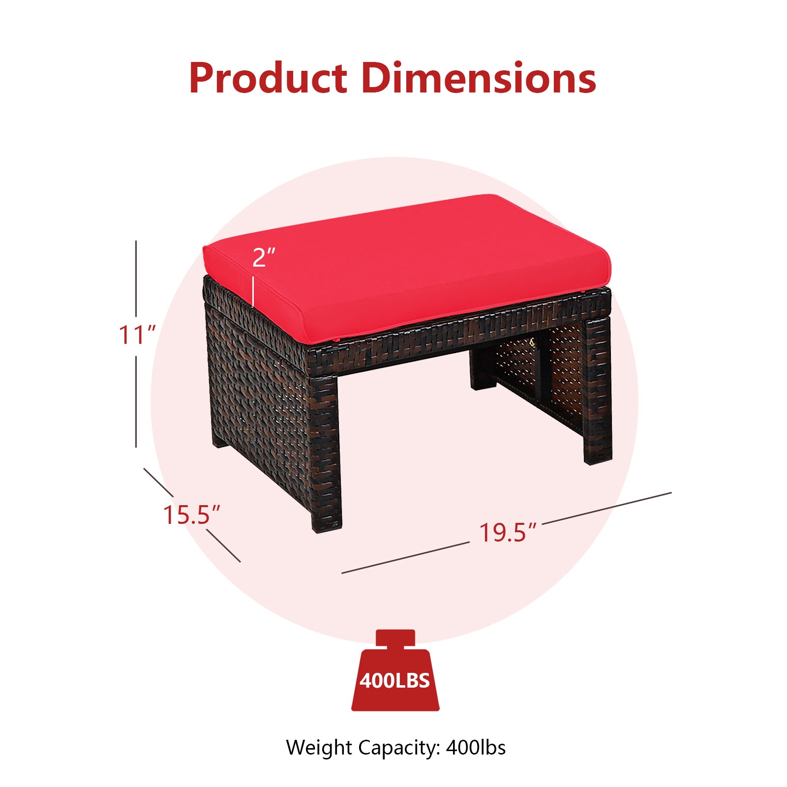 2 Pieces Patio Rattan Ottomans with Soft Cushion for Patio and Garden-Gray - Red