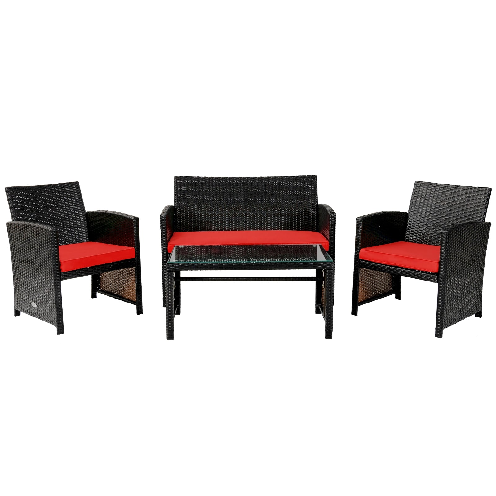 4 Pieces Patio Rattan Cushioned Furniture Set with Coffee Table-Black - Red