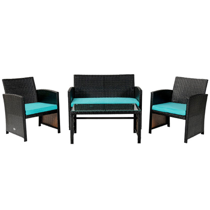 4 Pieces Patio Rattan Cushioned Furniture Set with Coffee Table-Black - Turquoise