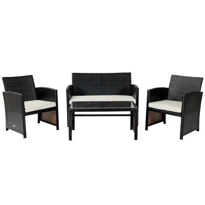 4 Pieces Patio Rattan Cushioned Furniture Set with Coffee Table-Black - White