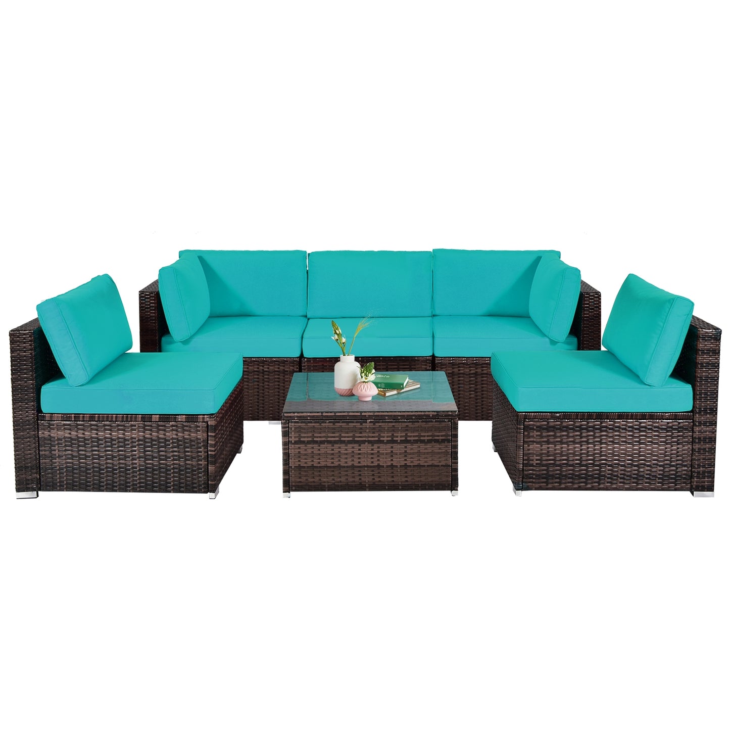 6 Pieces Patio Rattan Furniture Set with Cushions and Glass Coffee Table-White - Turquoise