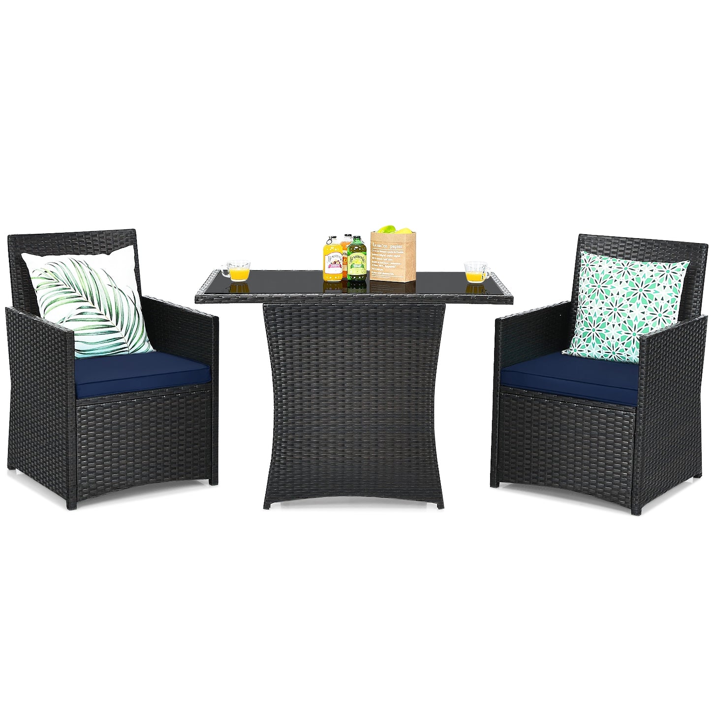 3 Pieces Patio Rattan Furniture Set with Cushion and Sofa Armrest-White - Navy