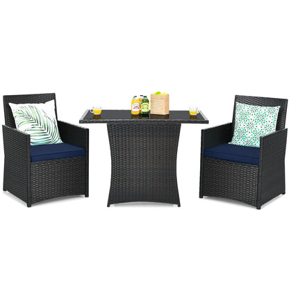3 Pieces Patio Rattan Furniture Set with Cushion and Sofa Armrest-White - Navy