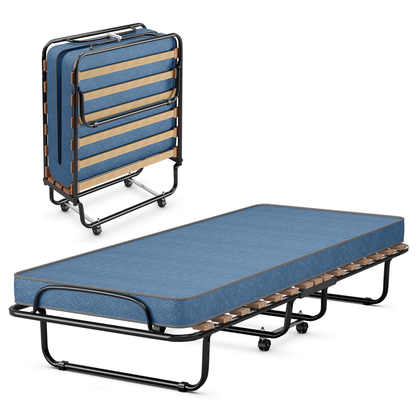 Portable Folding Bed with Memory Foam Mattress and Sturdy Metal Frame Made in Italy-Navy - Navy