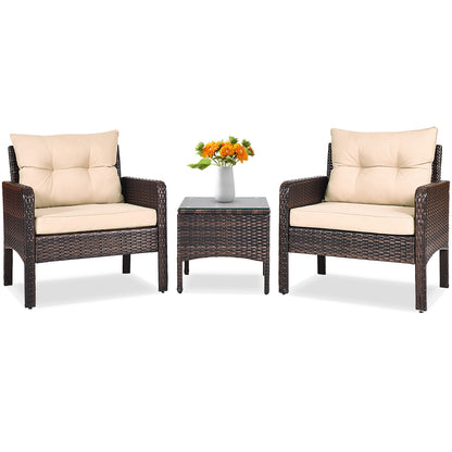 3 Pcs Outdoor Patio Rattan Conversation Set with Seat Cushions-Black