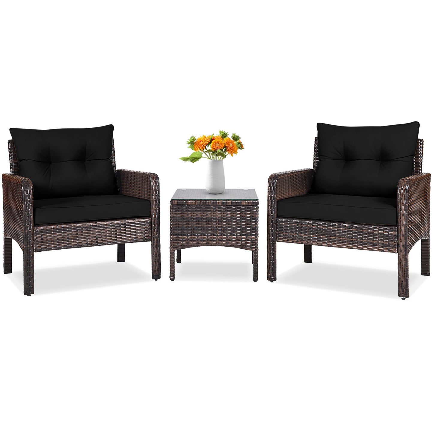 3 Pcs Outdoor Patio Rattan Conversation Set with Seat Cushions-Black - Black