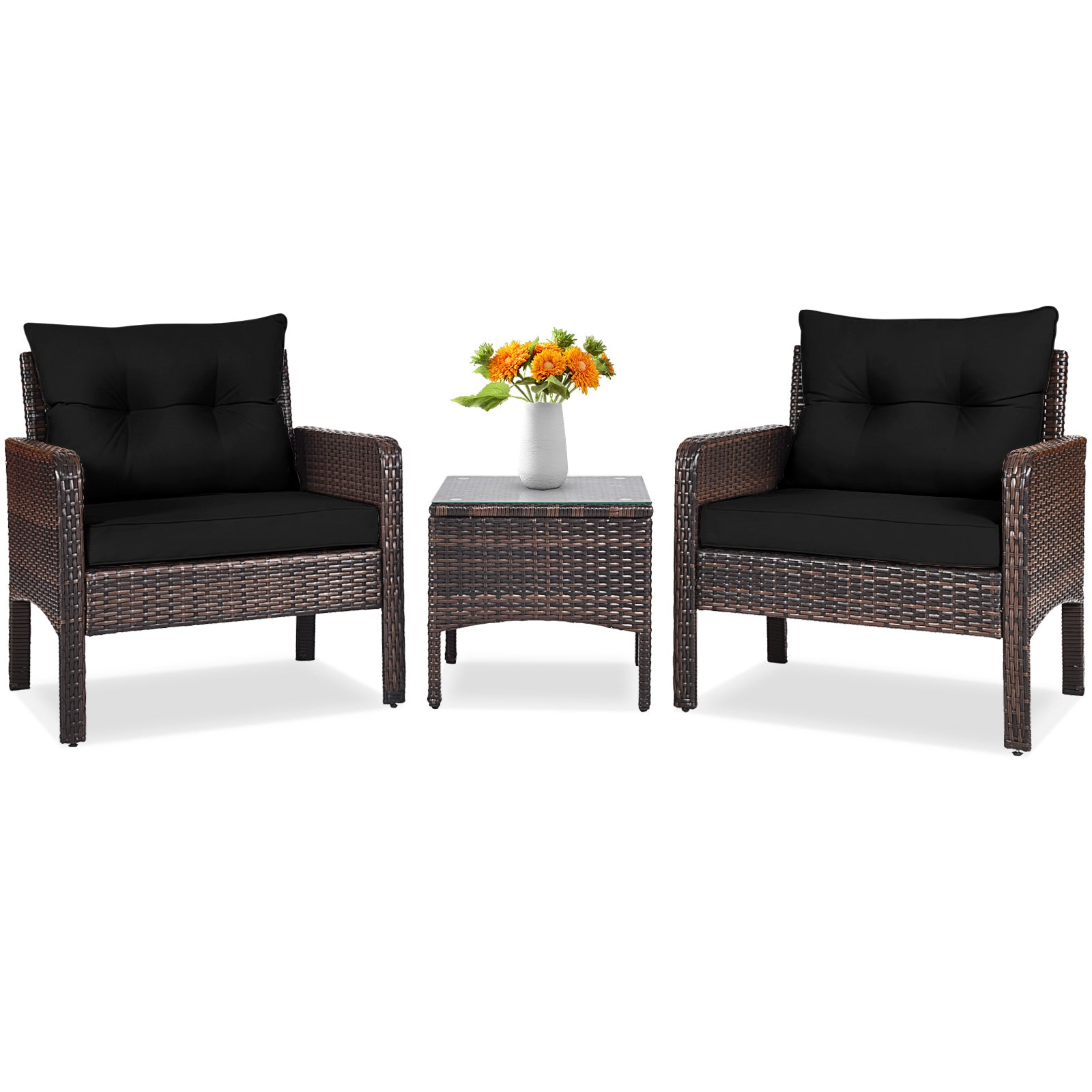3 Pcs Outdoor Patio Rattan Conversation Set with Seat Cushions-Black - Black