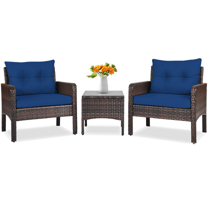 3 Pcs Outdoor Patio Rattan Conversation Set with Seat Cushions-Black - Navy