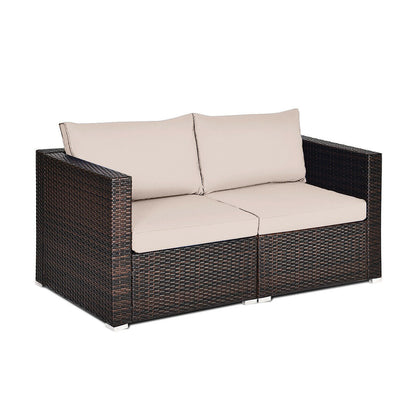 2PCS Patio Rattan Sectional Conversation Sofa Set-Navy - Beige