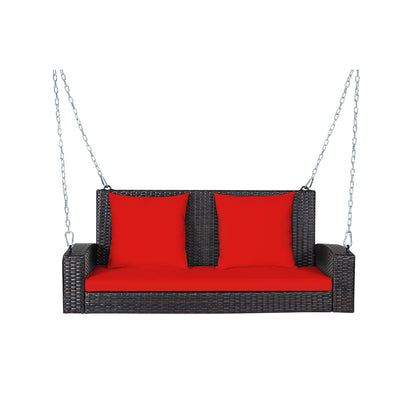 2-Person Patio Rattan Porch Swing with Cushions-Black - Red