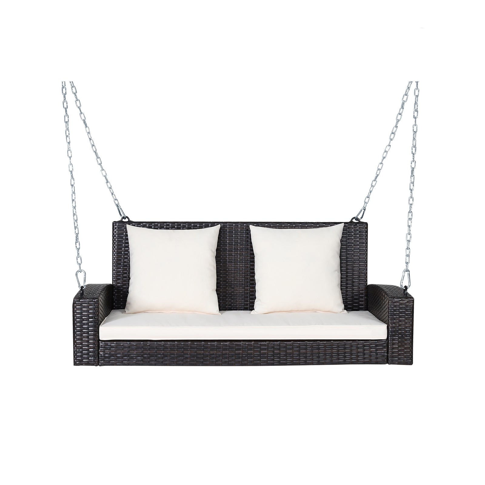 2-Person Patio Rattan Porch Swing with Cushions-Black - White