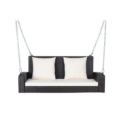 2-Person Patio Rattan Porch Swing with Cushions-Black - White