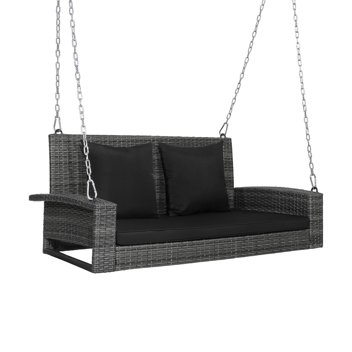 2-Person Patio PE Wicker Hanging Porch Swing Bench Chair Cushion 800 Pounds-White - Black