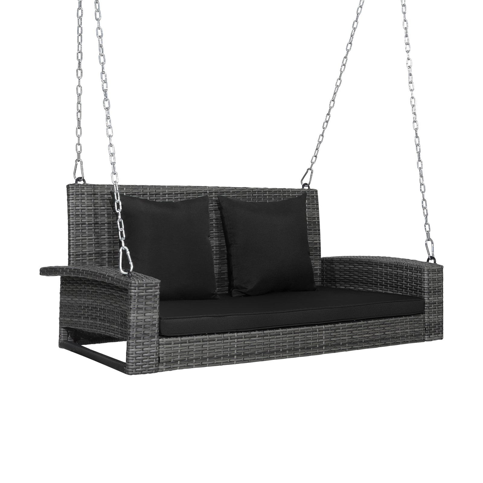 2-Person Patio PE Wicker Hanging Porch Swing Bench Chair Cushion 800 Pounds-White - Black