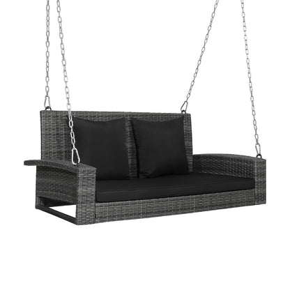 2-Person Patio PE Wicker Hanging Porch Swing Bench Chair Cushion 800 Pounds-White - Black