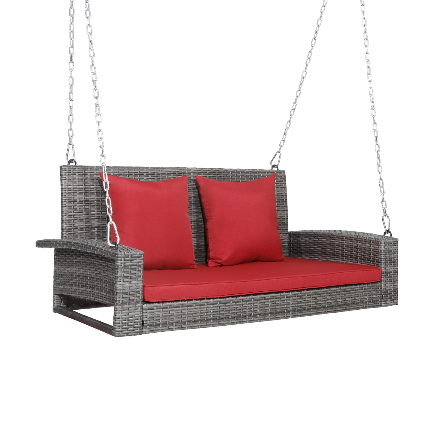 2-Person Patio PE Wicker Hanging Porch Swing Bench Chair Cushion 800 Pounds-White - Red