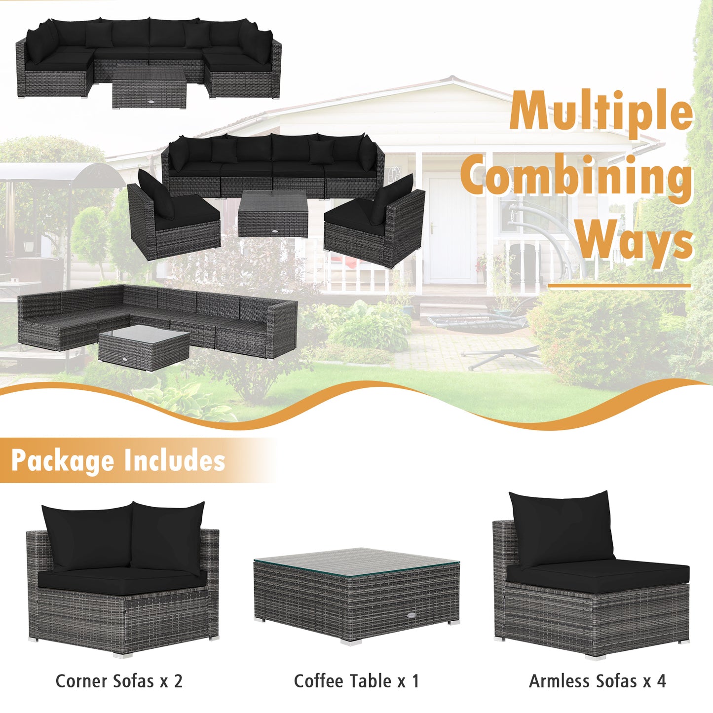 7 Pieces Patio Rattan Furniture Set with Sectional Sofa Cushioned-Black