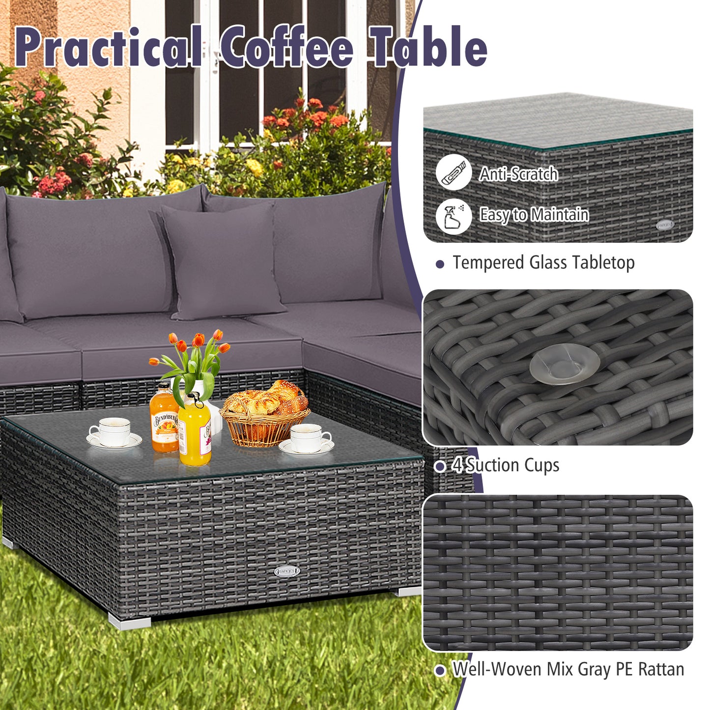 7 Pieces Patio Rattan Furniture Set Sectional Sofa Garden Cushion-Gray