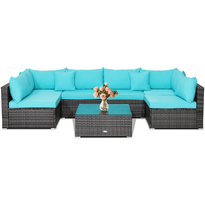 7 Pieces Patio Rattan Furniture Set with Sectional Sofa Cushioned-Turquoise