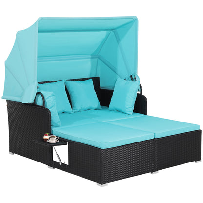 Patio Rattan Daybed with Retractable Canopy and Side Tables-Turquoise - Turquoise