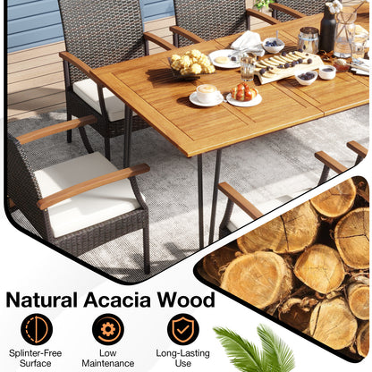9 Pieces Outdoor Patio Dining Set with Acacia Wood Square Table and Umbrella Hole