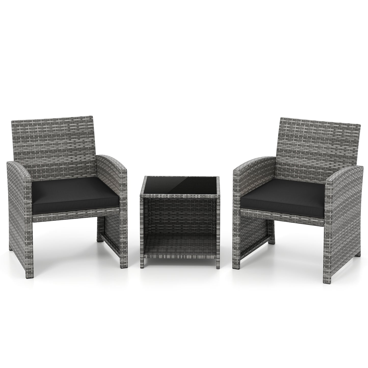 3 Pieces Patio Furniture Set with Tempered Glass Coffee Table and Soft Seat Cushions