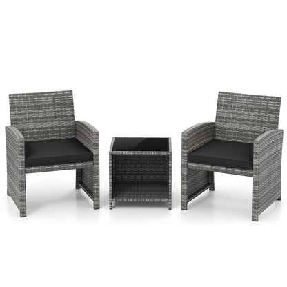 3 Pieces Patio Furniture Set with Tempered Glass Coffee Table and Soft Seat Cushions