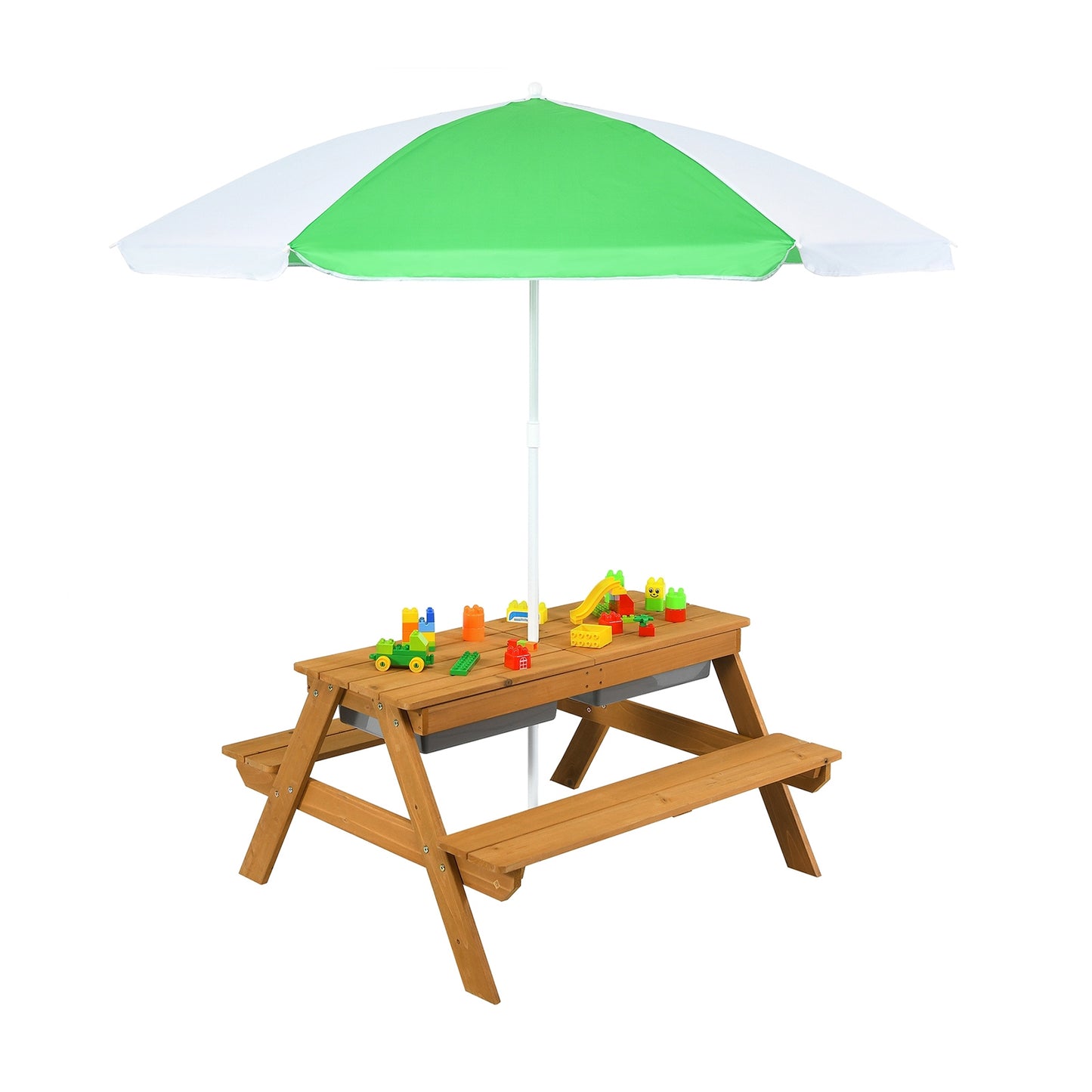 3-in-1 Kids Outdoor Picnic Water Sand Table with Umbrella Play Boxes-Green - Green