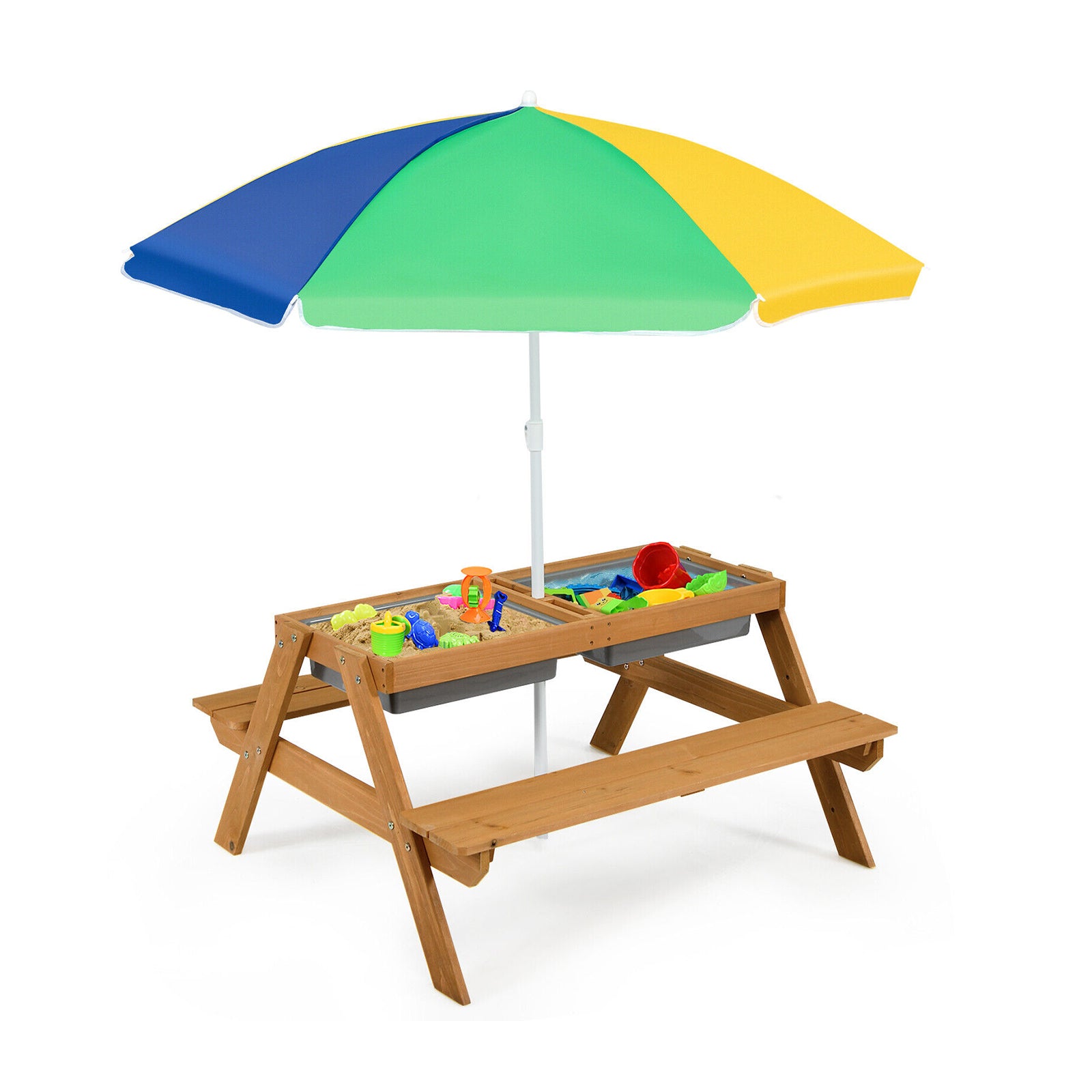 3-in-1 Kids Outdoor Picnic Water Sand Table with Umbrella Play Boxes-Green - Yellow